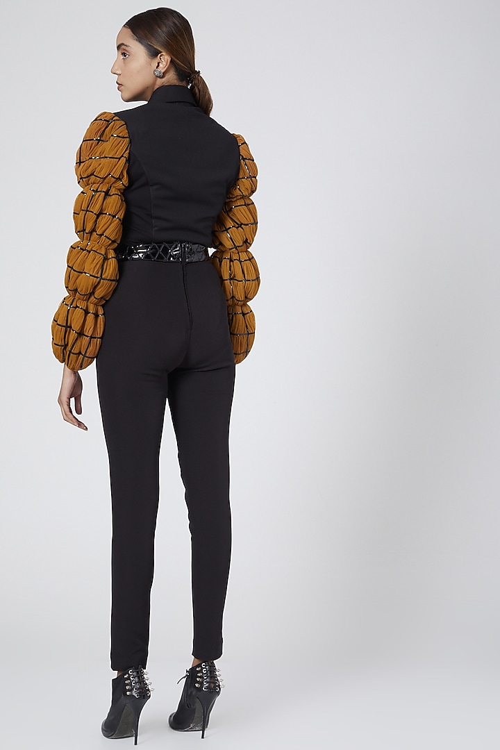 Black & Mustard Puff Sleeves Bodysuit by Sameer Madan at Pernia's Pop Up Shop