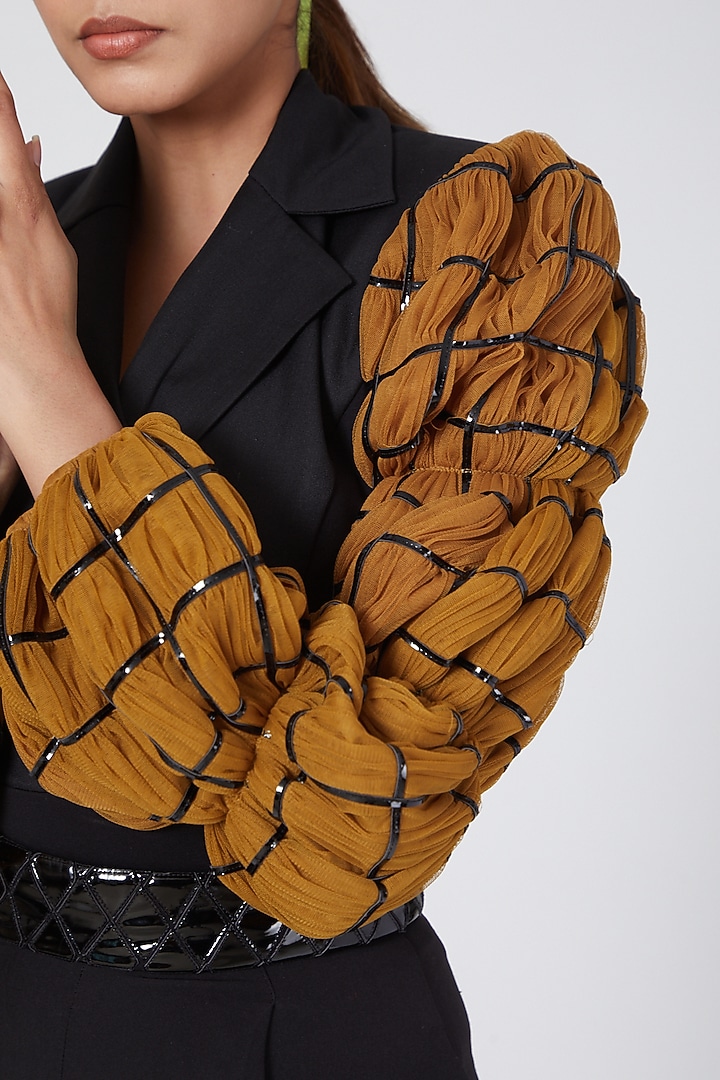 Black & Mustard Puff Sleeves Bodysuit by Sameer Madan at Pernia's Pop Up Shop