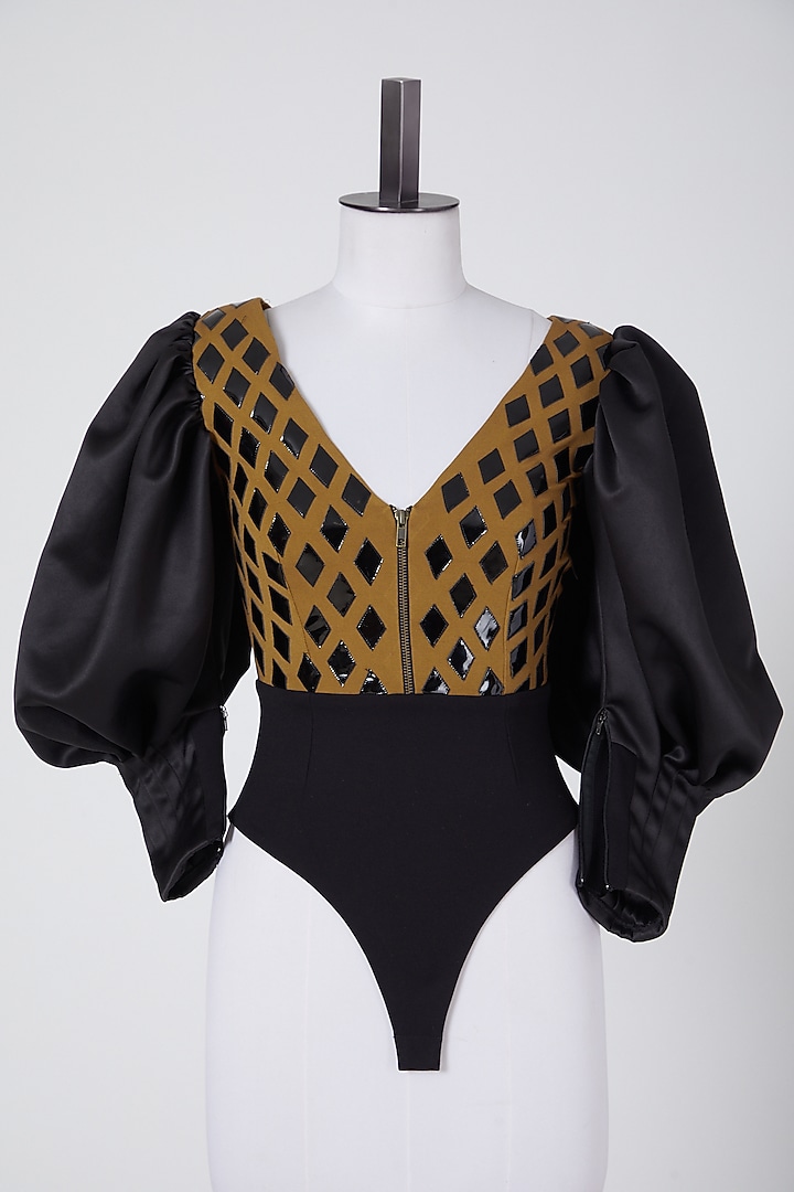 Black & Gold Embellished Bodysuit by Sameer Madan at Pernia's Pop Up Shop