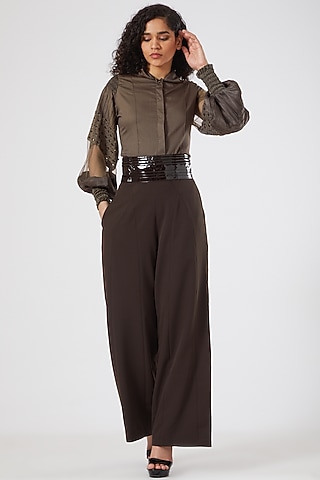 Brown Shirt With Applique Work by Sameer Madan