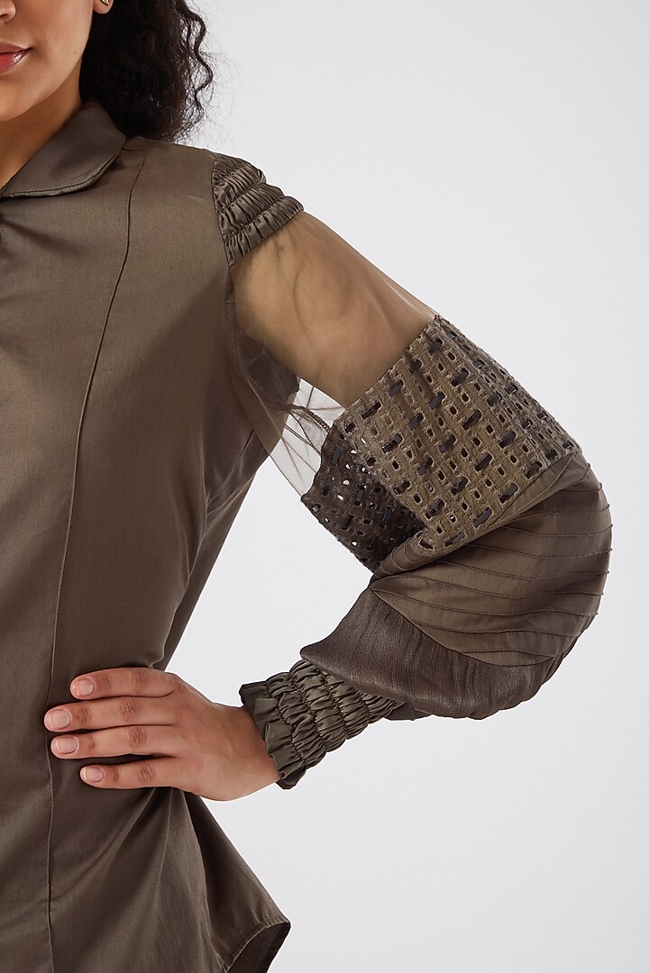 Brown Shirt With Applique Work by Sameer Madan at Pernia's Pop Up Shop