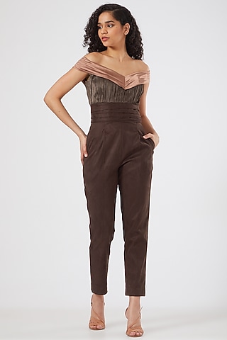 Brown Off-Shoulder Jumpsuit by Sameer Madan