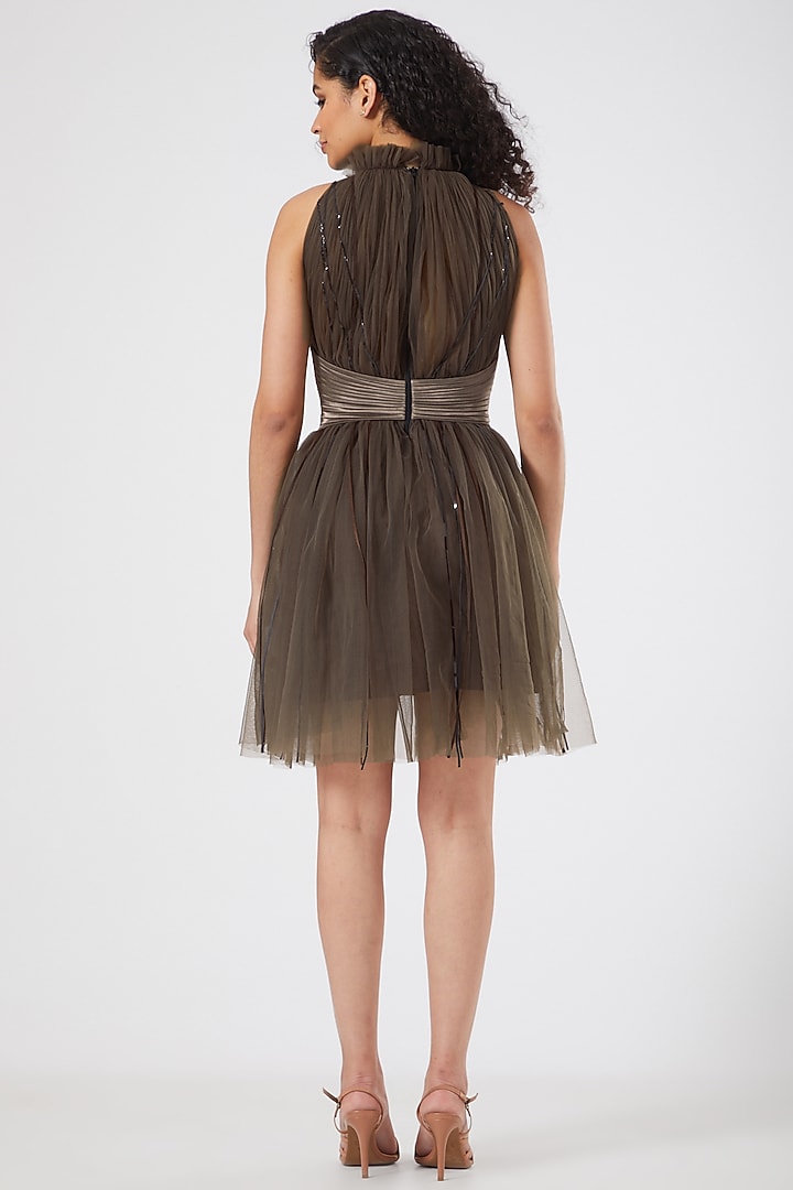 Brown Gathered Vacation Dress by Sameer Madan at Pernia's Pop Up Shop