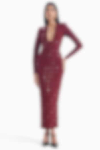 Maroon Luxury Jersey Leather Applique Work Bodycon Cocktail Dress by Sameer Madan at Pernia's Pop Up Shop