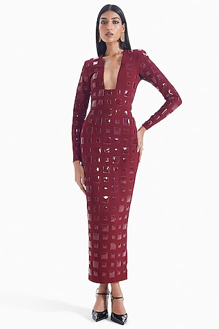 Maroon Luxury Jersey Leather Applique Work Bodycon Dress by Sameer Madan