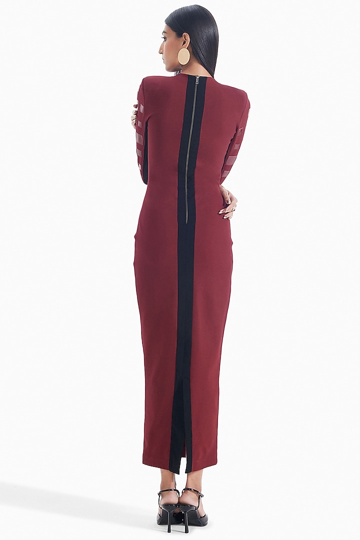 Maroon Luxury Jersey Leather Applique Work Bodycon Cocktail Dress by Sameer Madan at Pernia's Pop Up Shop