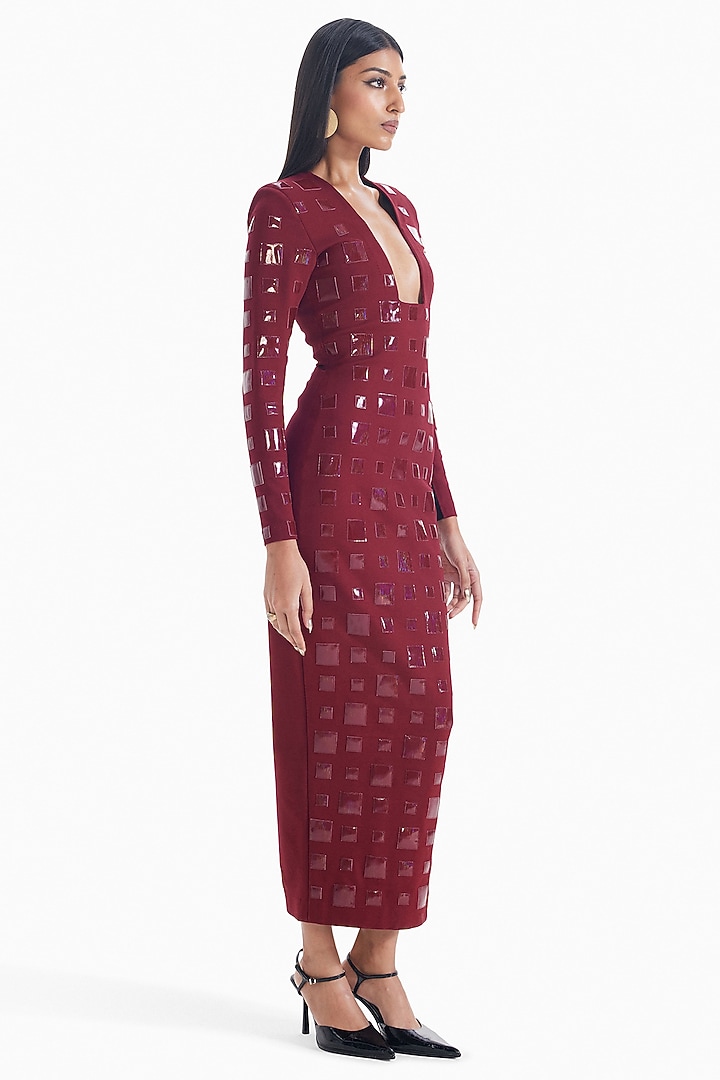 Maroon Luxury Jersey Leather Applique Work Bodycon Cocktail Dress by Sameer Madan at Pernia's Pop Up Shop