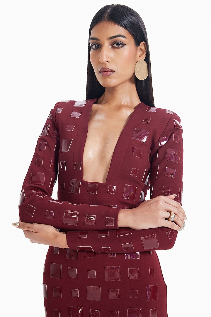 Maroon Luxury Jersey Leather Applique Work Bodycon Cocktail Dress by Sameer Madan at Pernia's Pop Up Shop