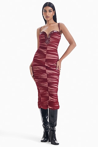Maroon Luxury Jersey Bodycon Midi Dress by Sameer Madan