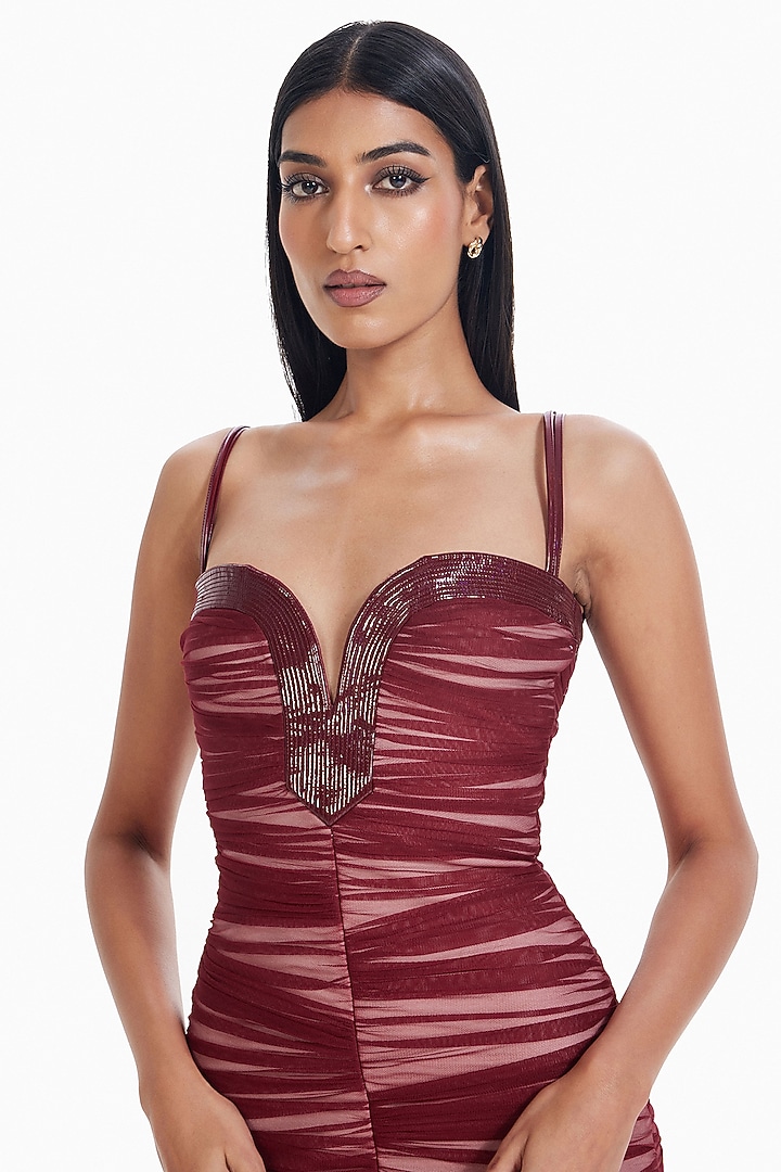 Maroon Luxury Jersey Bodycon Midi Cocktail Dress by Sameer Madan at Pernia's Pop Up Shop