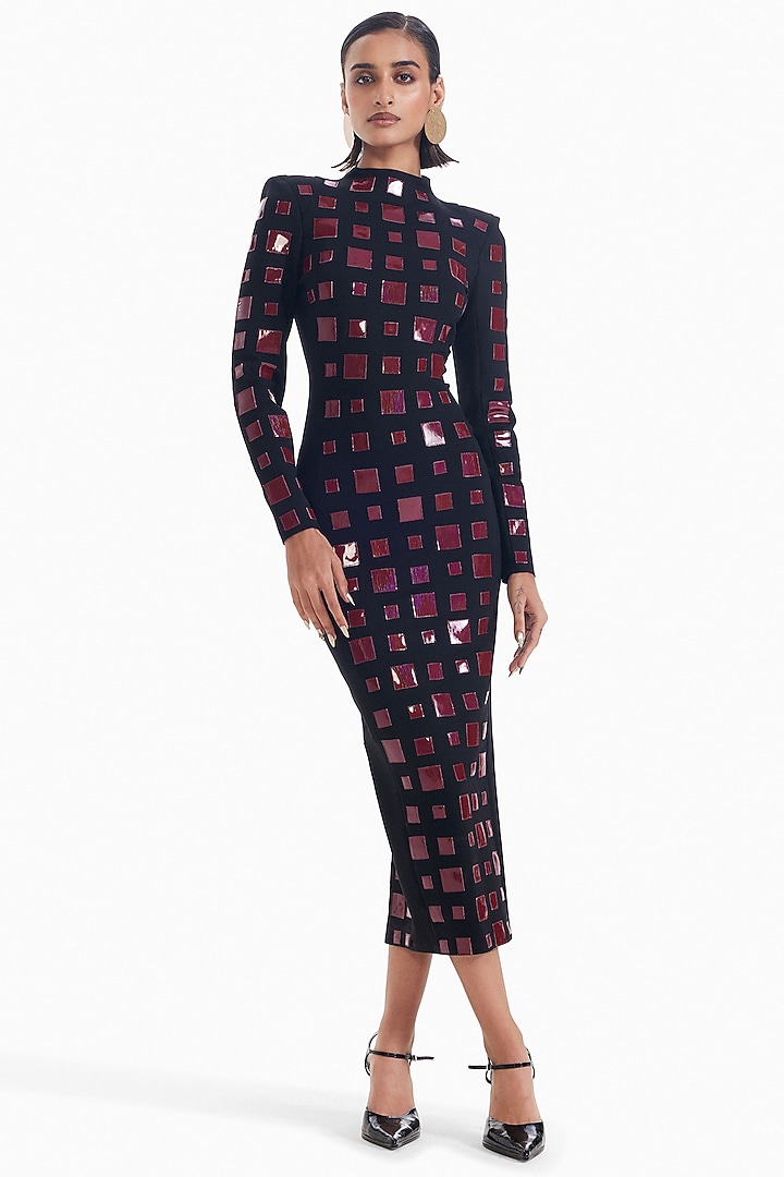Black & Maroon Luxury Jersey Bodycon Cocktail Dress by Sameer Madan at Pernia's Pop Up Shop