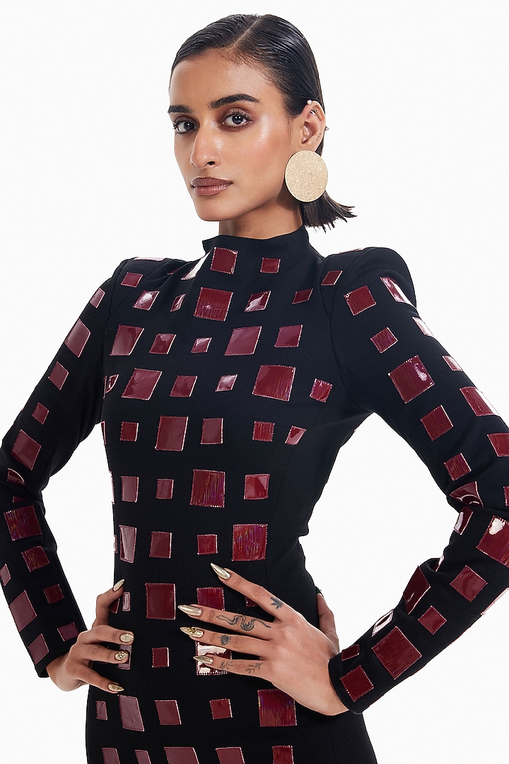 Black & Maroon Luxury Jersey Bodycon Cocktail Dress by Sameer Madan at Pernia's Pop Up Shop