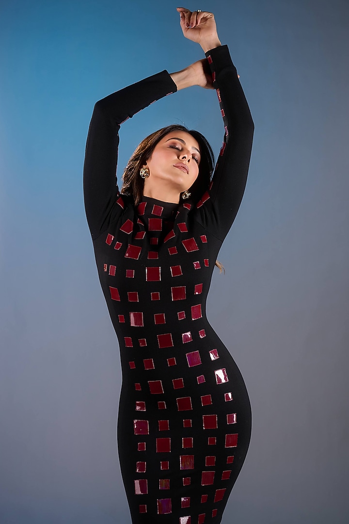 Black & Maroon Luxury Jersey Bodycon Cocktail Dress by Sameer Madan at Pernia's Pop Up Shop