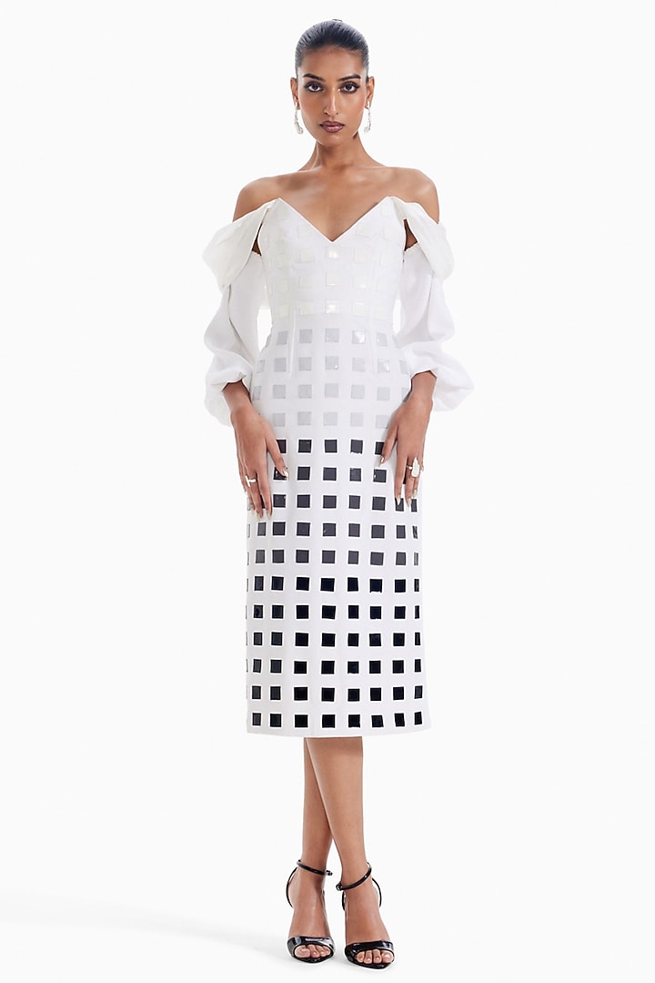 White Luxury Crepe & Organza Bodycon Off-Shoulder Cocktail Dress by Sameer Madan at Pernia's Pop Up Shop