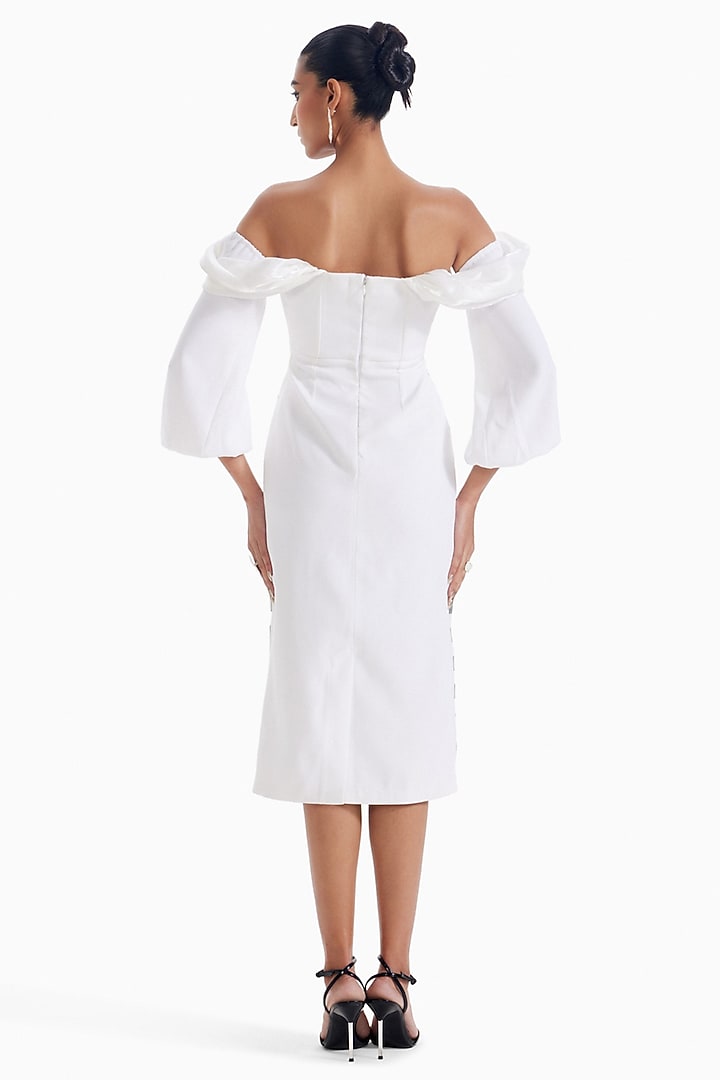 White Luxury Crepe & Organza Bodycon Off-Shoulder Cocktail Dress by Sameer Madan at Pernia's Pop Up Shop