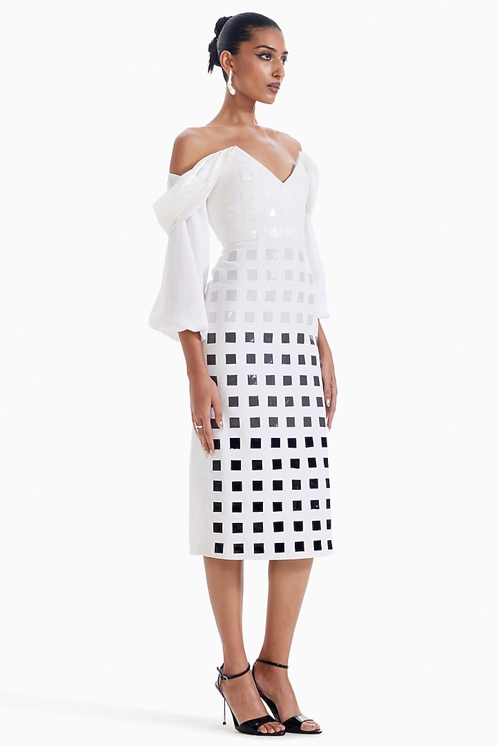 White Luxury Crepe & Organza Bodycon Off-Shoulder Cocktail Dress by Sameer Madan at Pernia's Pop Up Shop