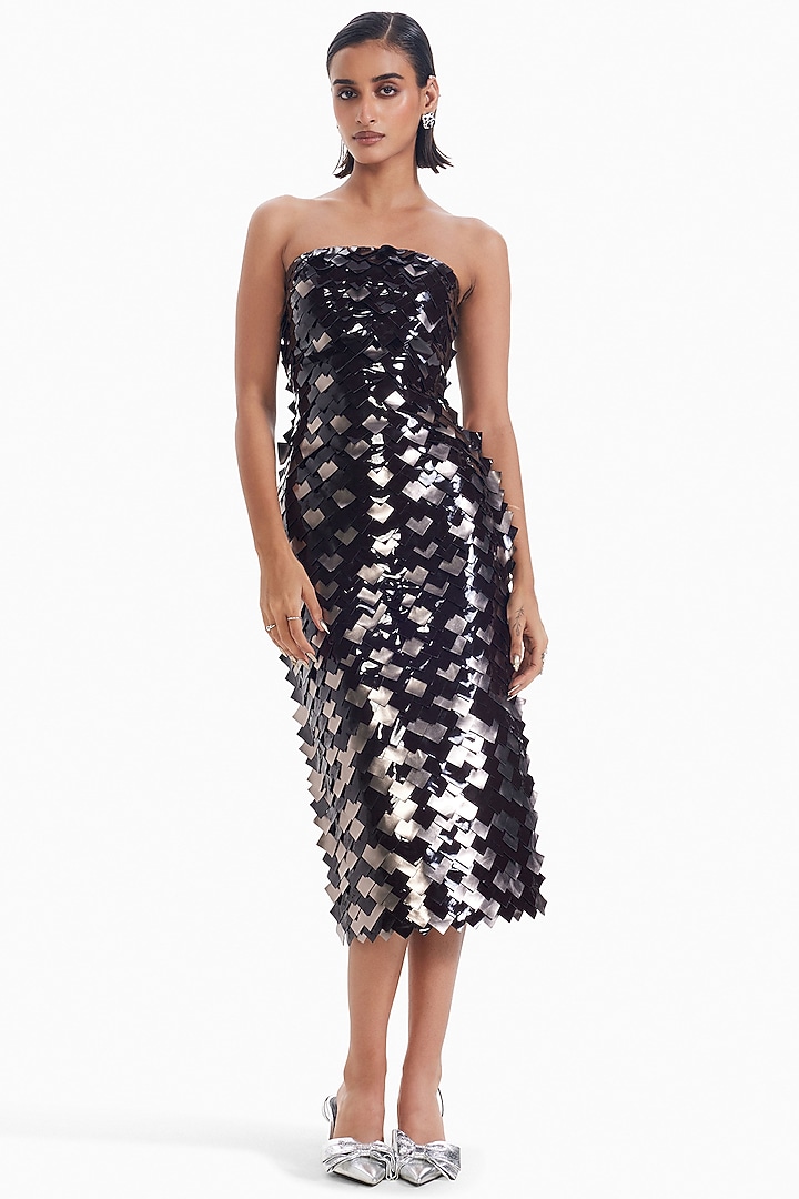 Chocolate Brown & Gunmetal Luxury Jersey Bodycon Party Wear Dress by Sameer Madan at Pernia's Pop Up Shop
