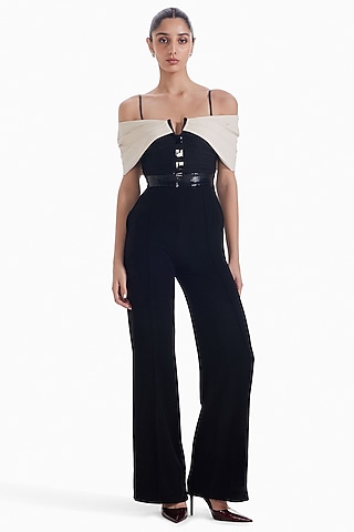 Almond Black Luxury Crepe Off-Shoulder Jumpsuit by Sameer Madan