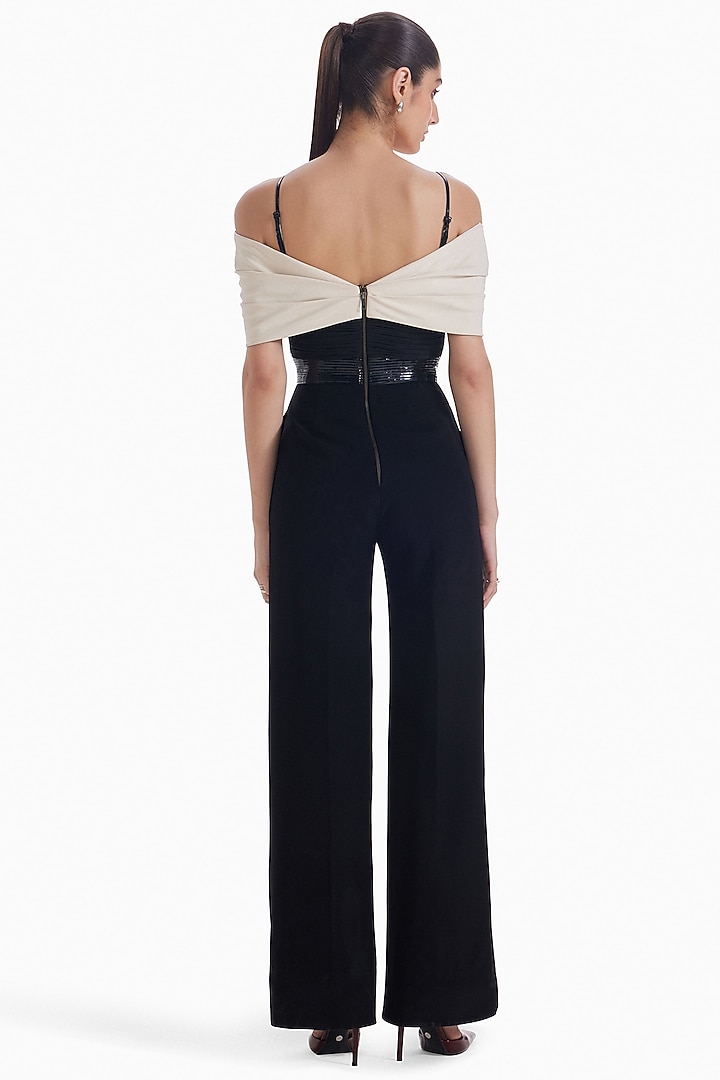 Almond Black Luxury Crepe Off-Shoulder Jumpsuit by Sameer Madan at Pernia's Pop Up Shop