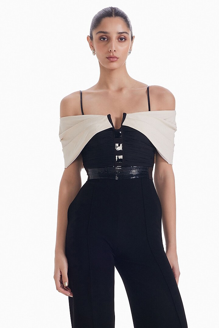 Almond Black Luxury Crepe Off-Shoulder Jumpsuit by Sameer Madan at Pernia's Pop Up Shop