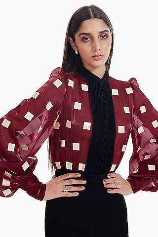 Maroon Luxury Organza Applique Bodysuit by Sameer Madan