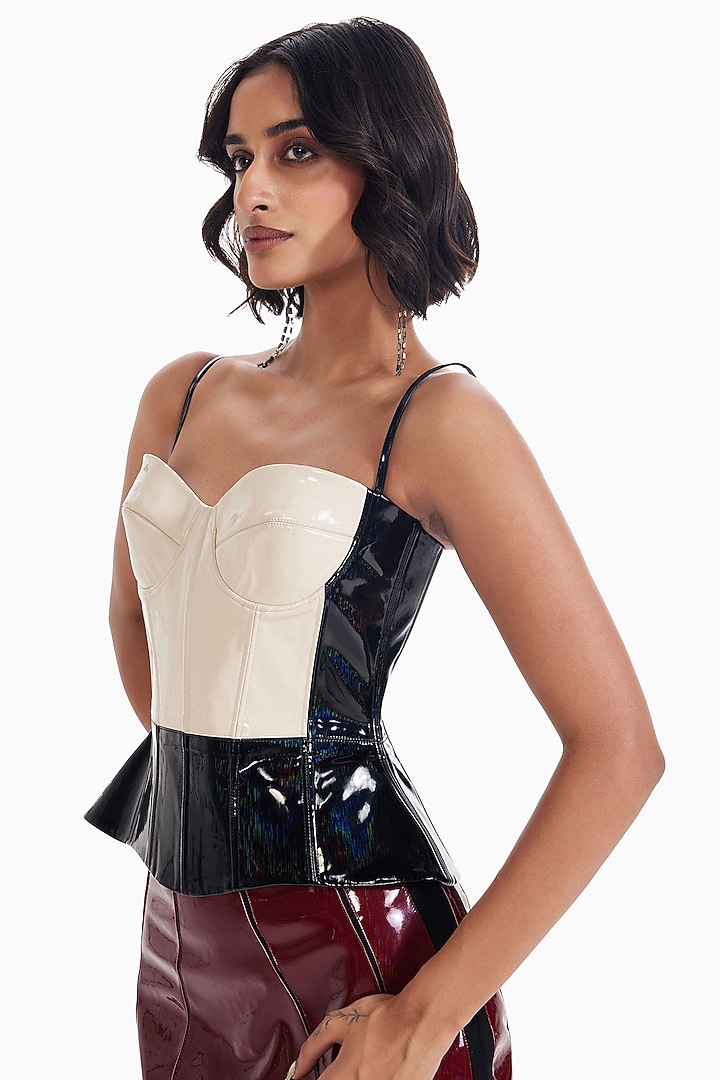 Almond & Black Faux Leather Corset by Sameer Madan at Pernia's Pop Up Shop