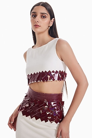 Maroon & White Luxury Jersey High-Neck Top by Sameer Madan