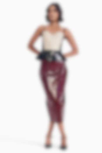 Maroon Faux Leather Midi Skirt by Sameer Madan at Pernia's Pop Up Shop