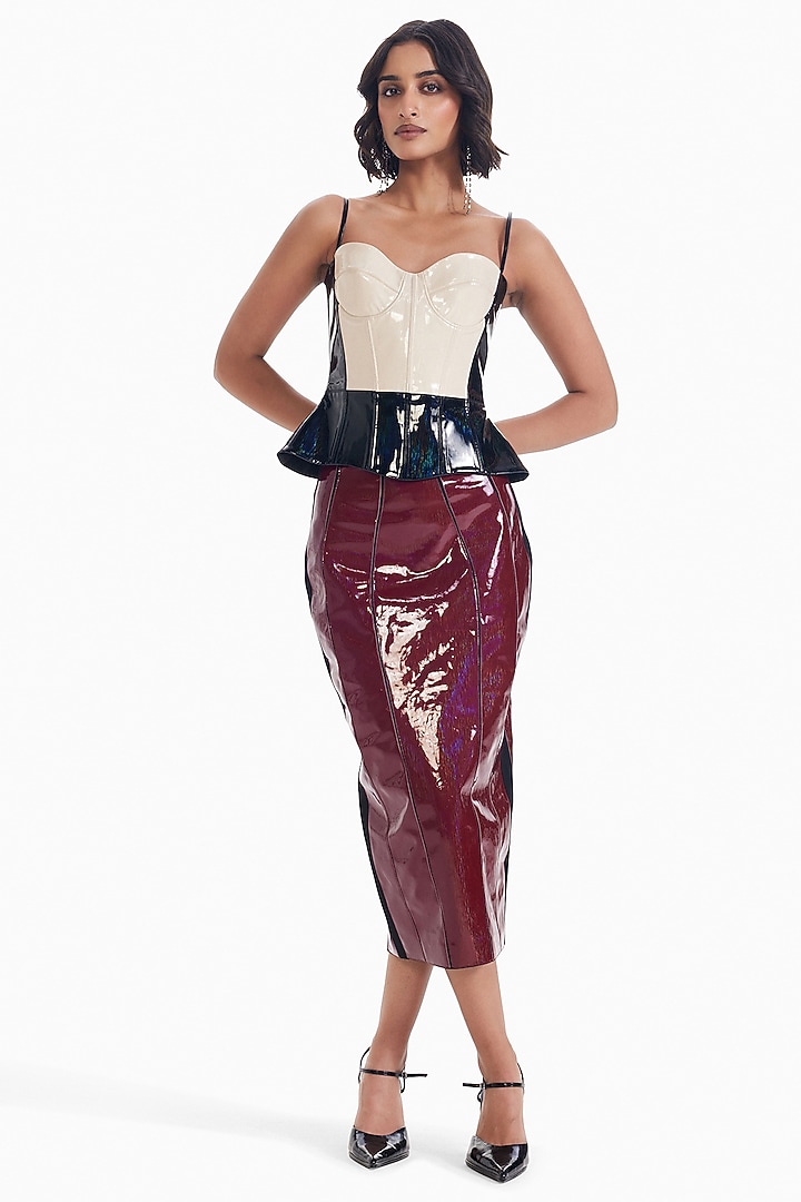 Maroon Faux Leather Midi Skirt by Sameer Madan at Pernia's Pop Up Shop