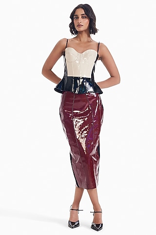 Maroon Faux Leather Midi Skirt by Sameer Madan