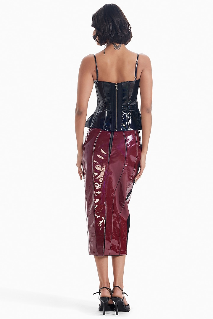 Maroon Faux Leather Midi Skirt by Sameer Madan at Pernia's Pop Up Shop