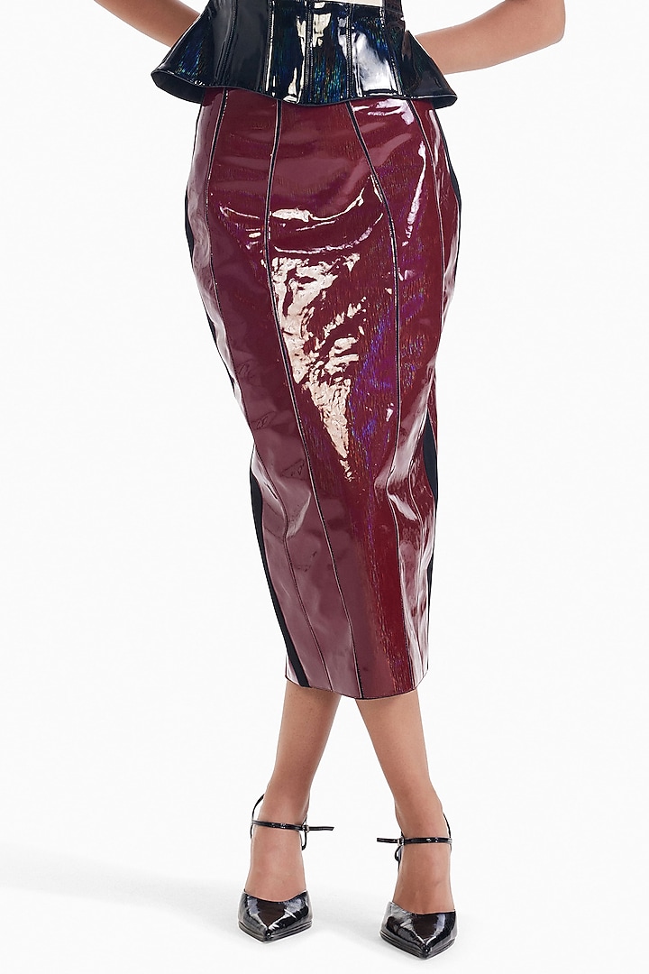 Maroon Faux Leather Midi Skirt by Sameer Madan at Pernia's Pop Up Shop