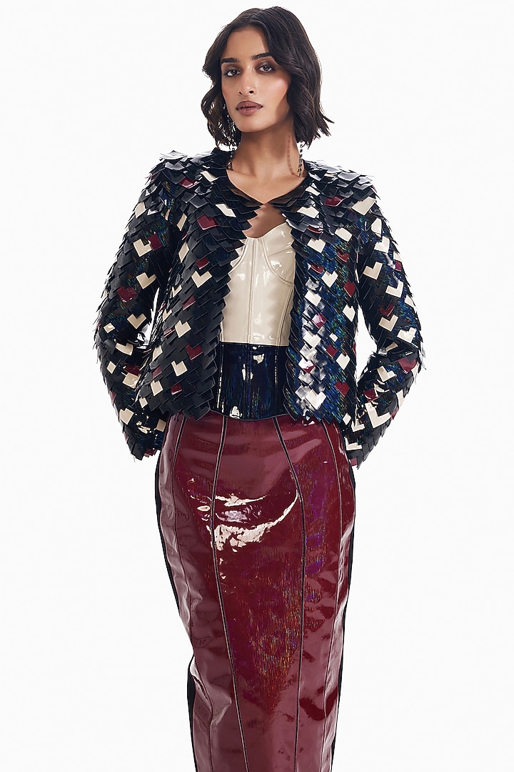 Multi-Colored Luxury Crepe Cropped Jacket by Sameer Madan at Pernia's Pop Up Shop