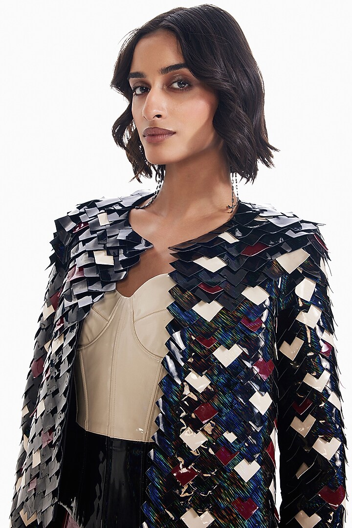 Multi-Colored Luxury Crepe Cropped Jacket by Sameer Madan at Pernia's Pop Up Shop