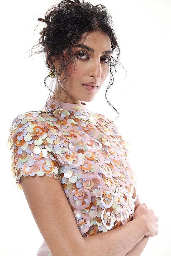 Baby Pink Crepe & Glass Organza Sequins Embroidered Cocktail Dress by Sameer Madan at Pernia's Pop Up Shop