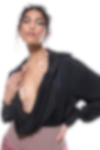 Black Satin & Faux Leather Cowl Shirt by Sameer Madan at Pernia's Pop Up Shop