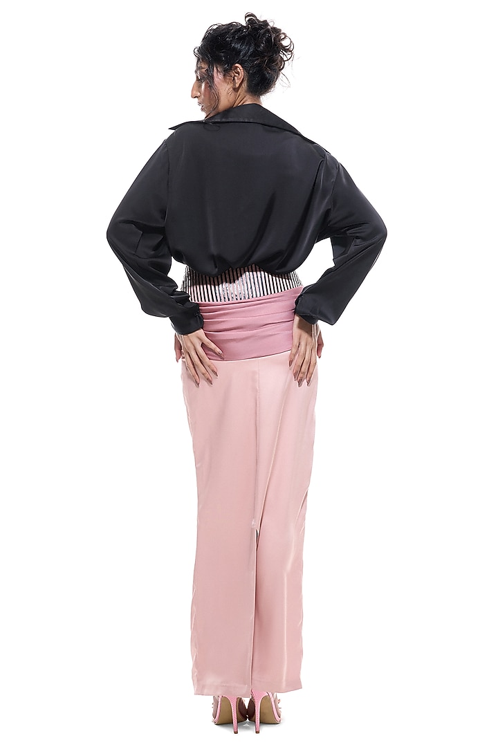 Black Satin & Faux Leather Cowl Shirt by Sameer Madan at Pernia's Pop Up Shop