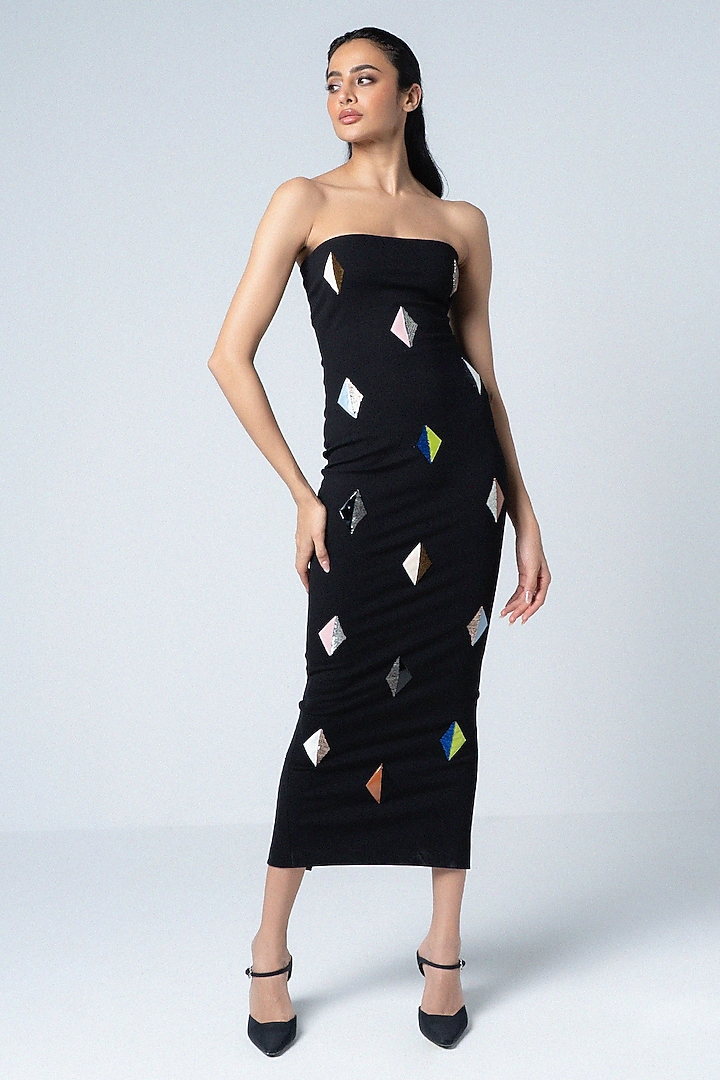 Black Jersey Faux Leather Bodycon Cocktail Dress by Sameer Madan at Pernia's Pop Up Shop