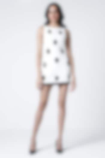 White Twill & Faux Leather Embroidered Shift Cocktail Dress by Sameer Madan at Pernia's Pop Up Shop