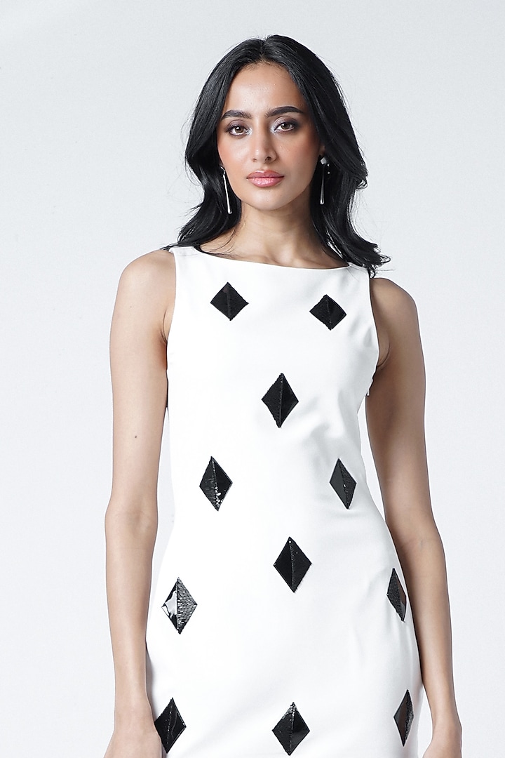 White Twill & Faux Leather Embroidered Shift Cocktail Dress by Sameer Madan at Pernia's Pop Up Shop
