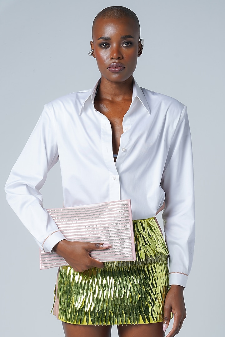 Grape-Colored & Neon Green Faux Leather Sequins Embroidered Mini Skirt by Sameer Madan at Pernia's Pop Up Shop