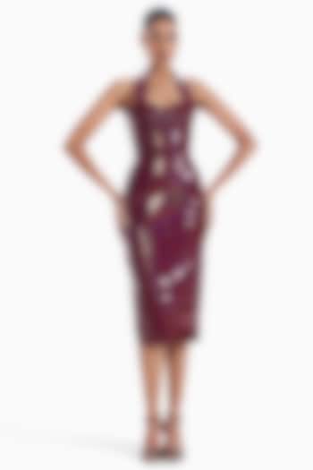 Maroon Jersey Faux Leather Embellished Bodycon Cocktail Dress by Sameer Madan at Pernia's Pop Up Shop