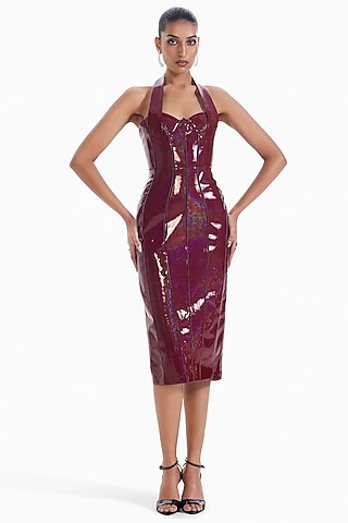 Maroon Jersey Faux Leather Embellished Bodycon Dress by Sameer Madan