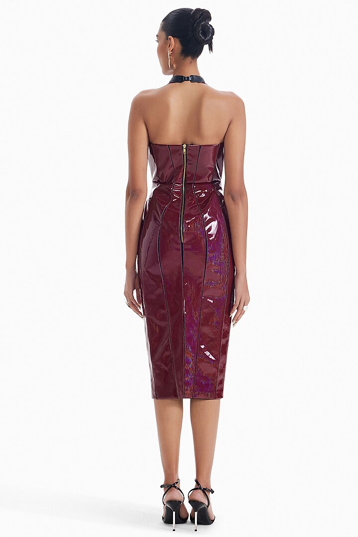 Maroon Jersey Faux Leather Embellished Bodycon Cocktail Dress by Sameer Madan at Pernia's Pop Up Shop