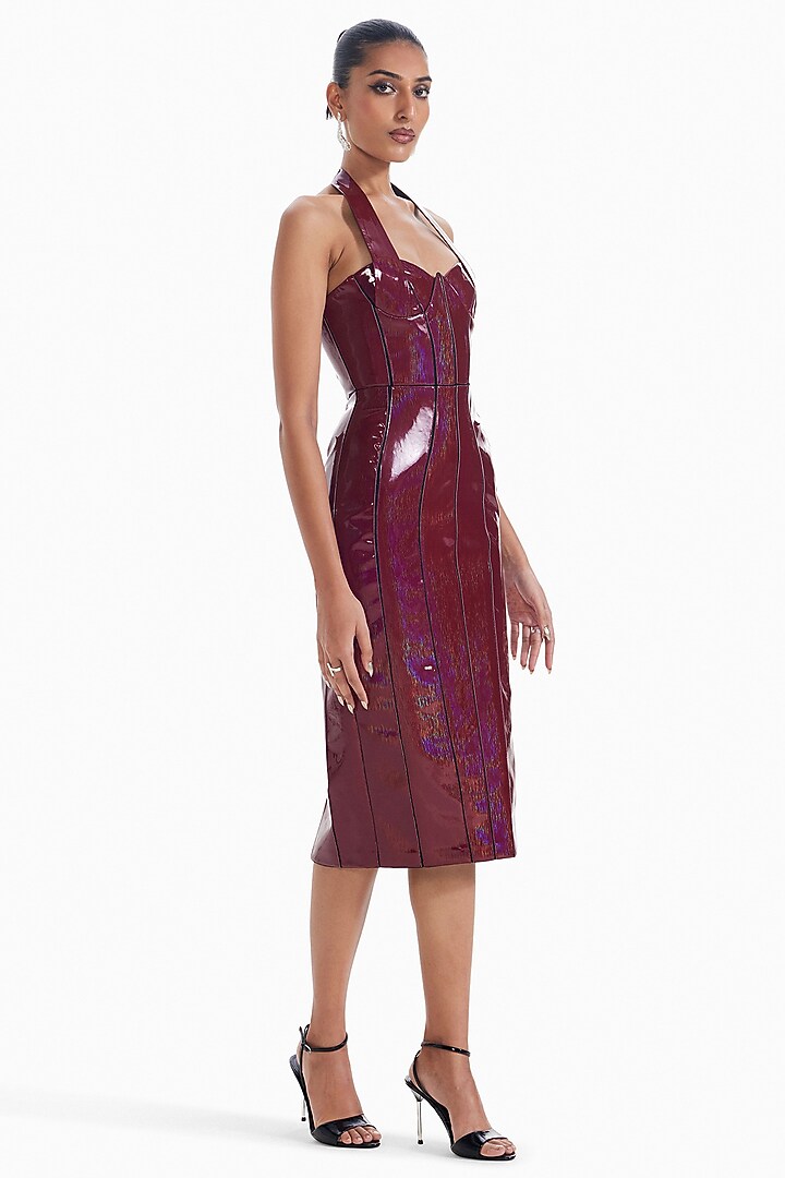 Maroon Jersey Faux Leather Embellished Bodycon Cocktail Dress by Sameer Madan at Pernia's Pop Up Shop