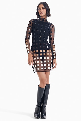 Black Jersey & Tulle Leather Applique Bodycon Dress by Sameer Madan