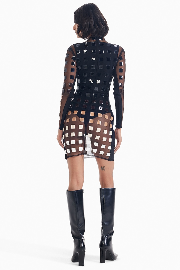 Black Jersey & Tulle Leather Applique Bodycon Vacation Dress by Sameer Madan at Pernia's Pop Up Shop