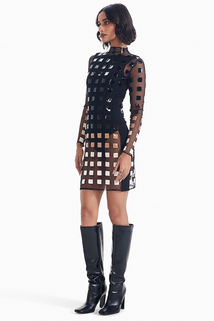 Black Jersey & Tulle Leather Applique Bodycon Vacation Dress by Sameer Madan at Pernia's Pop Up Shop