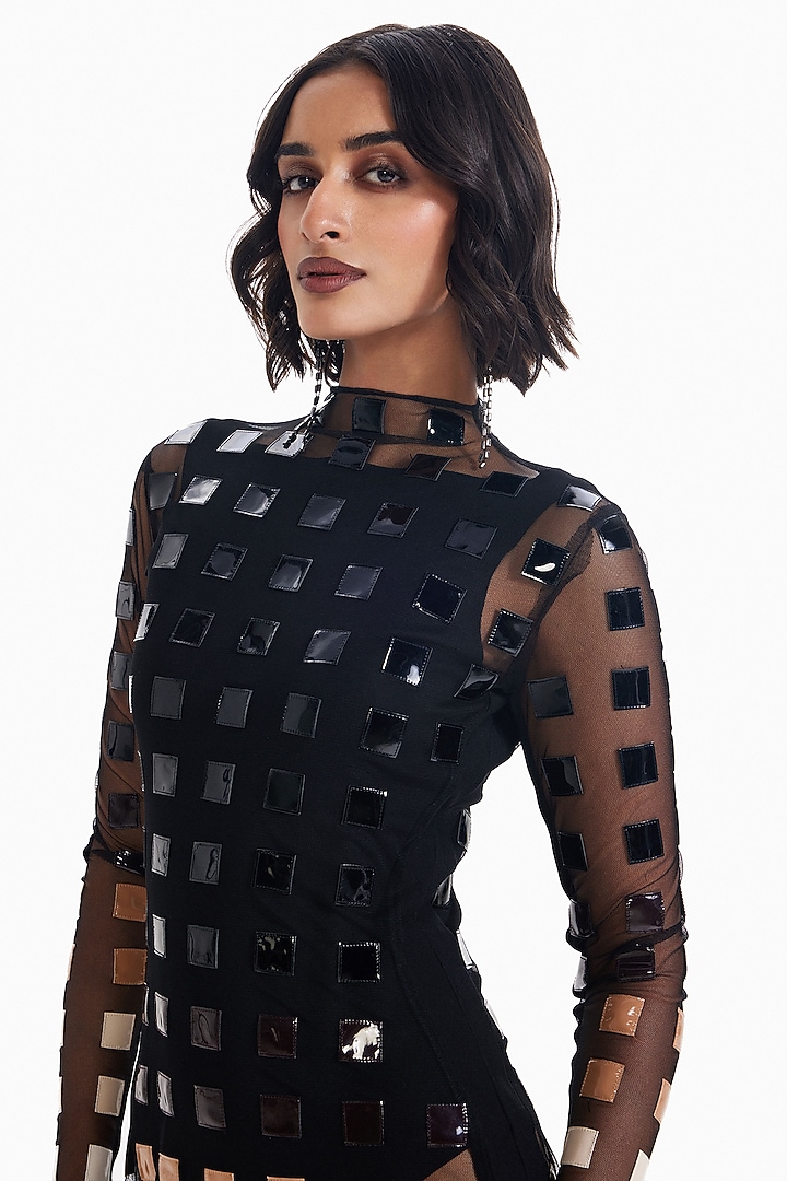Black Jersey & Tulle Leather Applique Bodycon Vacation Dress by Sameer Madan at Pernia's Pop Up Shop