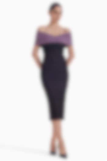 Lilac & Black Jersey & Tulle Bodycon Midi Cocktail Dress by Sameer Madan at Pernia's Pop Up Shop